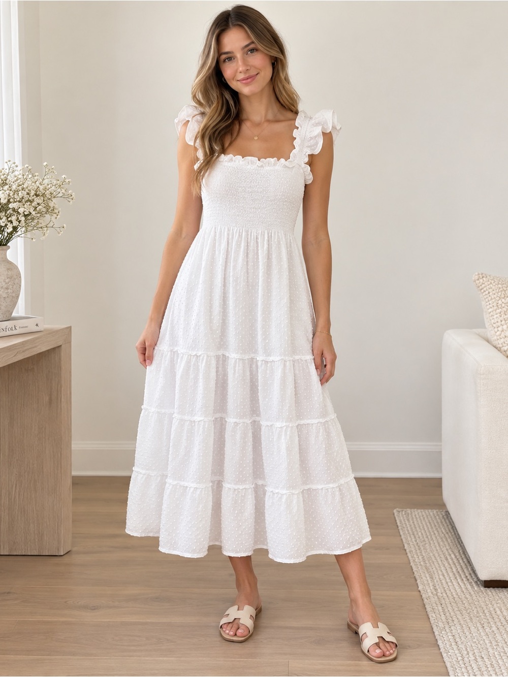 Hill House Home Ellie Nap Dress White Swiss Dot Smocked Tiered Midi Dress - Picture 8 of 9